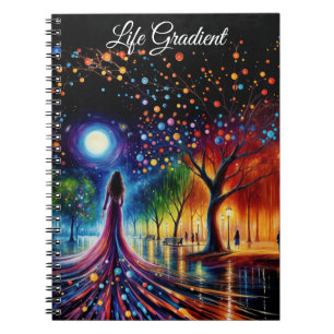 Woman in flowing gown walking in colourful forest notebook