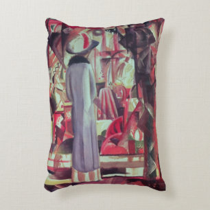 Woman in front of a large illuminated window decorative pillow