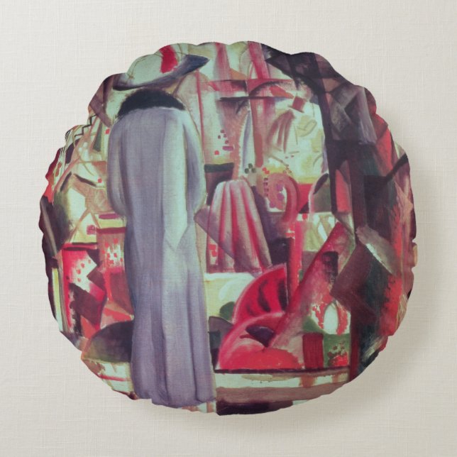 Woman in front of a large illuminated window round pillow (Front)