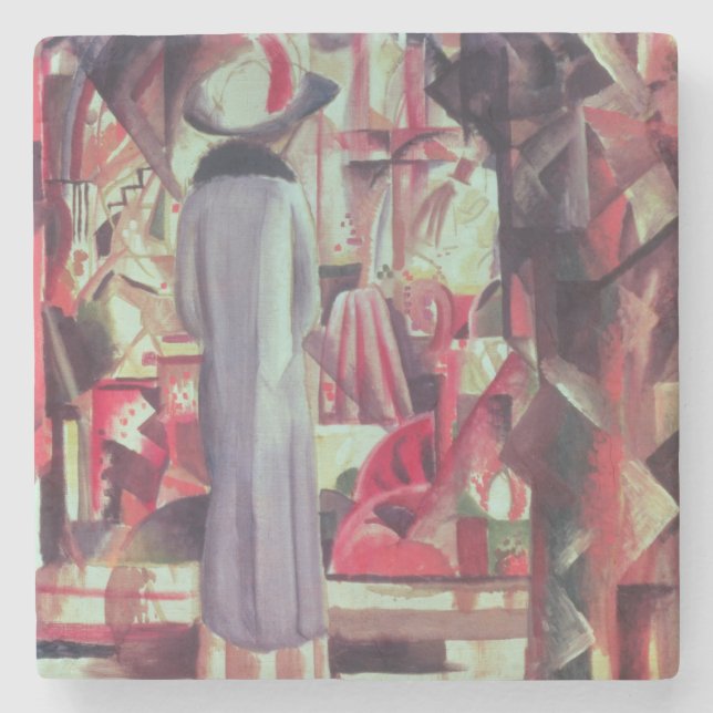 Woman in front of a large illuminated window stone coaster (Front)