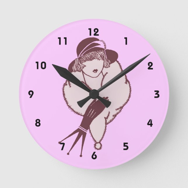 Woman In Fur Stole Art Deco Round Clock (Front)