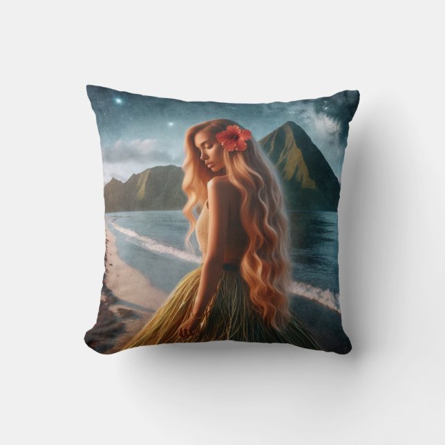 Woman in Grass Skirt Throw Pillow (Front)
