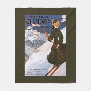 Woman in Green Skiing Poster Fleece Blanket