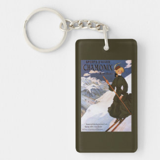 Woman in Green Skiing Poster Keychain