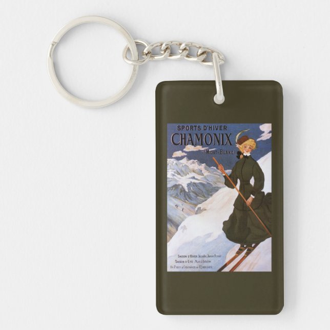 Woman in Green Skiing Poster Keychain (Front)