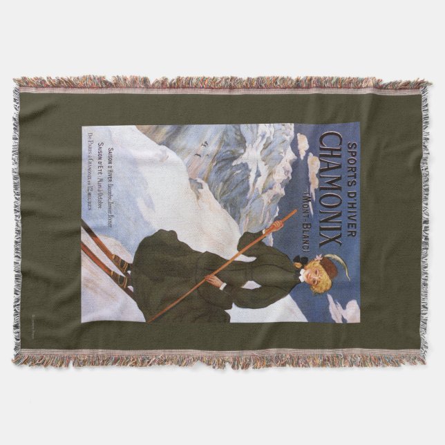 Woman in Green Skiing Poster Throw Blanket (Front)