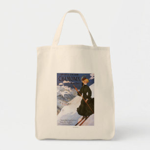 Woman in Green Skiing Poster Tote Bag