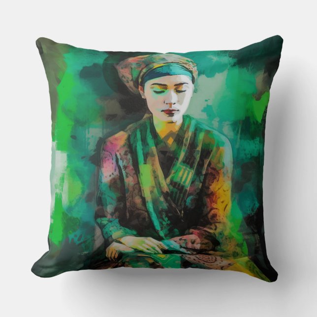 Woman in Green  Throw Pillow (Front)
