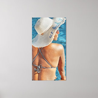 Woman in Hat At Pool Large Canvas Print Wall Art