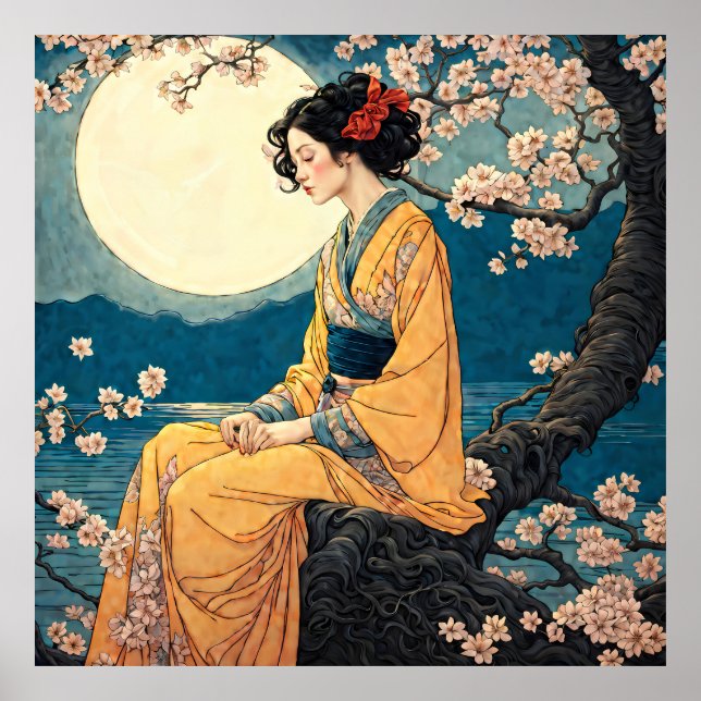 Woman in Kimono Cherry Blossom Moonlit Night Poster (Front)