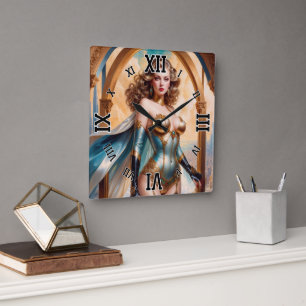 Woman In Opulent Gold Turquoise Attire by Xzendor7 Square Wall Clock