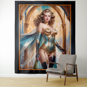 Woman In Opulent Gold Turquoise Attire by Xzendor7 Tapestry