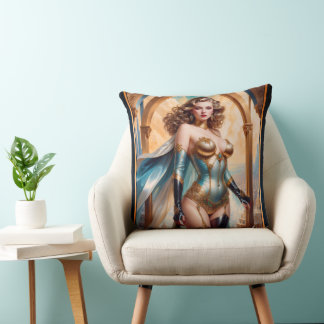 Woman In Opulent Gold Turquoise Attire by Xzendor7 Throw Pillow