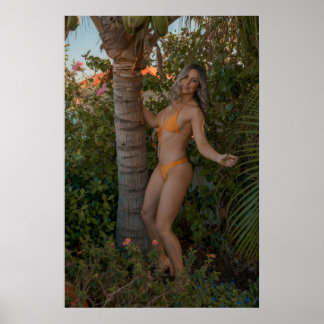 Woman In Orange Bikini By Tropical Palm Tree Poster