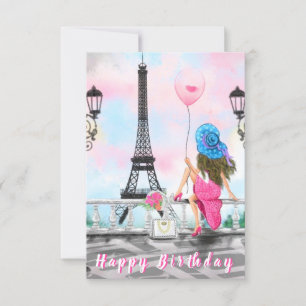 Woman In Paris Birthday Card with Eiffel Tower