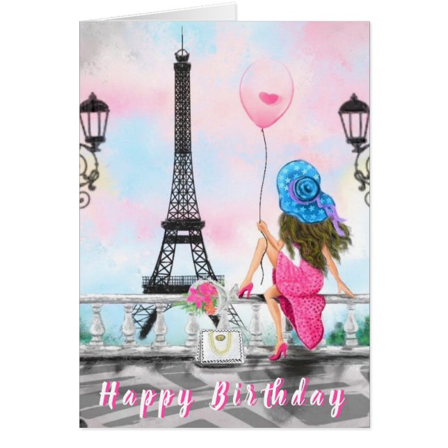 Woman in Paris Birthday Card with Eiffel Tower (Front)
