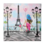 Woman In Paris Ceramic Tile Eiffel Tower<br><div class="desc">Pretty Woman and Pink Heart Balloon - I Love Paris - Eiffel Tower Romantic Drawing - Choose / Add Your Unique Text / Font / Colour - Make Your Special Decorative Tiles / Gift - Resize and move or remove and add elements - Image / text with customization tool !...</div>