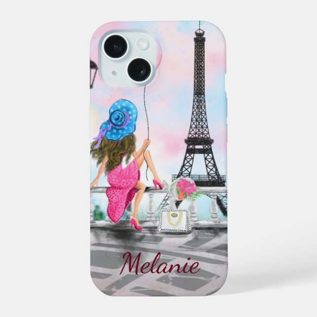 Woman In Paris Eiffel Tower Custom Name iPhone 15 Case (Back)
