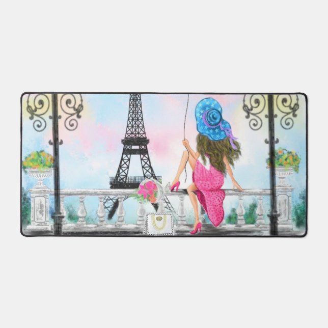 Woman in Paris Eiffel Tower Desk Mat (Front)