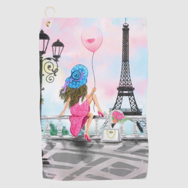 Woman In Paris Eiffel Tower Golf Towel Gift (Front)