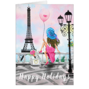 Woman In Paris Eiffel Tower Happy Holidays Card