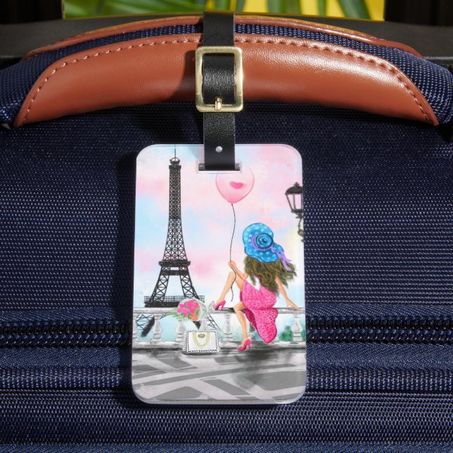 Woman In Paris Luggage Tag Eiffel Tower Gift (Front Insitu 2)