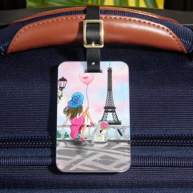 Woman In Paris Luggage Tag Gift with Eiffel Tower (Front Insitu 2)