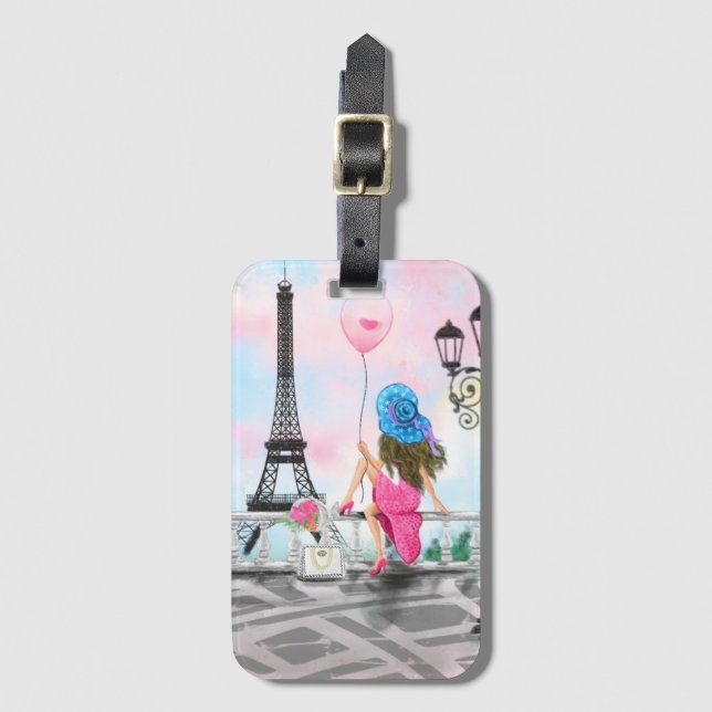 Woman In Paris Luggage Tag with Eiffel Tower (Front Vertical)