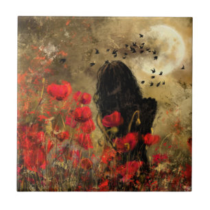 Woman In Poppies Field Ceramic Tile