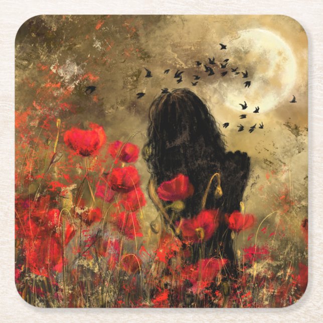 Woman In Poppy Field Paper Coaster (Front)