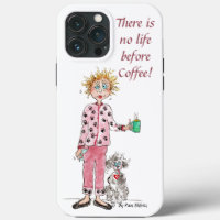 Woman in pyjamas needs her coffee coloured drawing