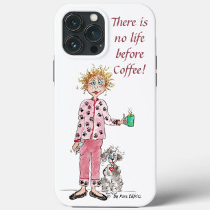 Woman in pyjamas needs her coffee coloured drawing iPhone 13 pro max case