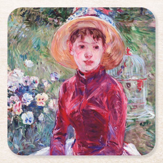Woman in Red, Berthe Morisot Square Paper Coaster (Front)