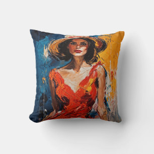 Woman in Red Cocktail Dress Throw Pillow