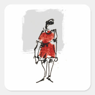 Woman in Red Dress Loose Ink Sketch Drawing Square Sticker