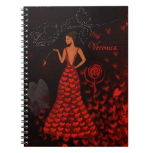 woman in red dress notebook
