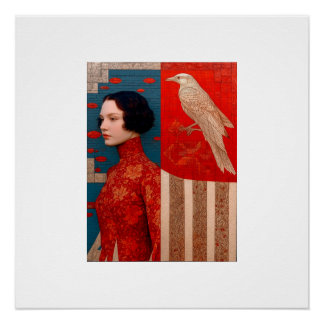 Woman in red flowered dress & golden bird Postcard Poster