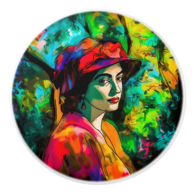 Woman in Red Hat Ceramic Knob (Front)