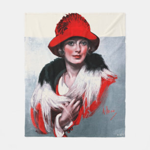 Woman in Red Hat Fleece Blanket