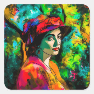 Woman in Red Hat Square Sticker