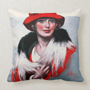 Woman in Red Hat Throw Pillow