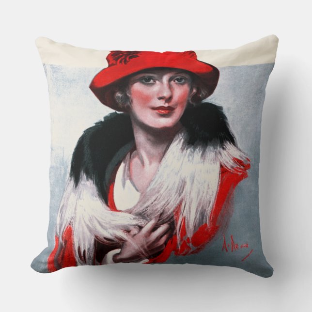 Woman in Red Hat Throw Pillow (Front)