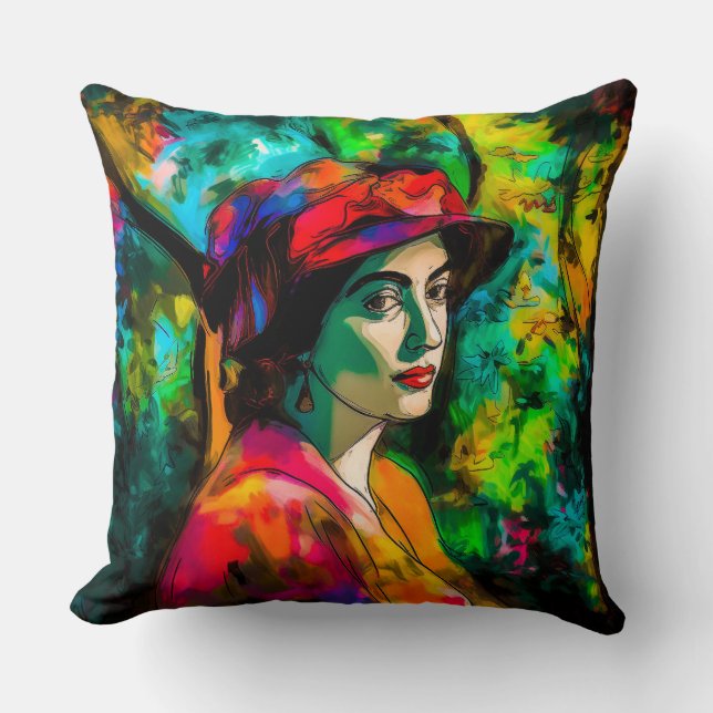 Woman in Red Hat Throw Pillow (Front)