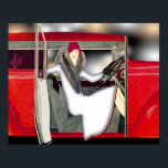 Woman in Red Sports Car Poster<br><div class="desc">Red haired woman sitting in a vintage red car with the door open.</div>