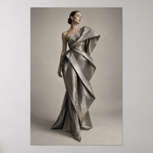 Woman in Sculptural Metallic Silver Gown Fashion W Poster