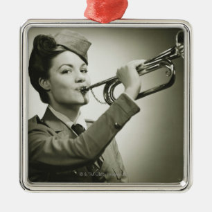 Woman in Soldier Uniform Metal Ornament