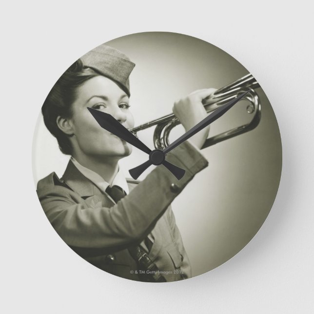 Woman in Soldier Uniform Round Clock (Front)