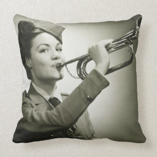 Woman in Soldier Uniform Throw Pillow