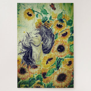 Woman in Sunflowers Jigsaw Puzzle Painting