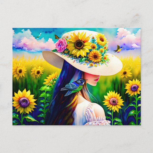Woman in Sunflowers, Postcrossing Postcard (Front)